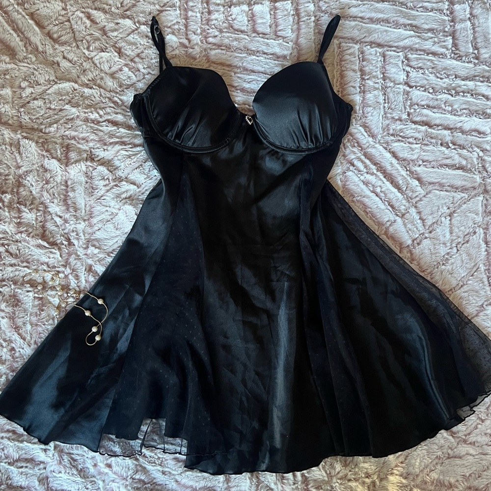 black slip dress with polka dots & rhinestone heart charm :)